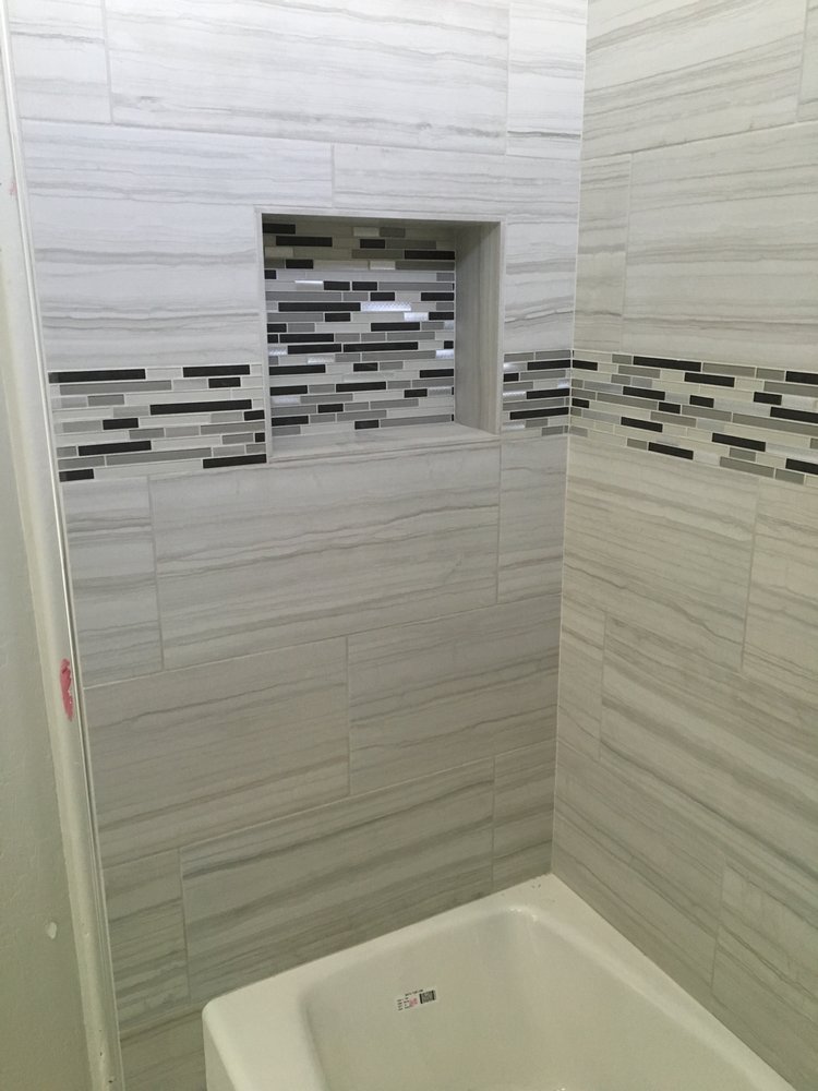 12 x 24 shower tile with glass tile band — Bathroom Remodeling by Urban Element, Inc. in the East Valley of Arizona