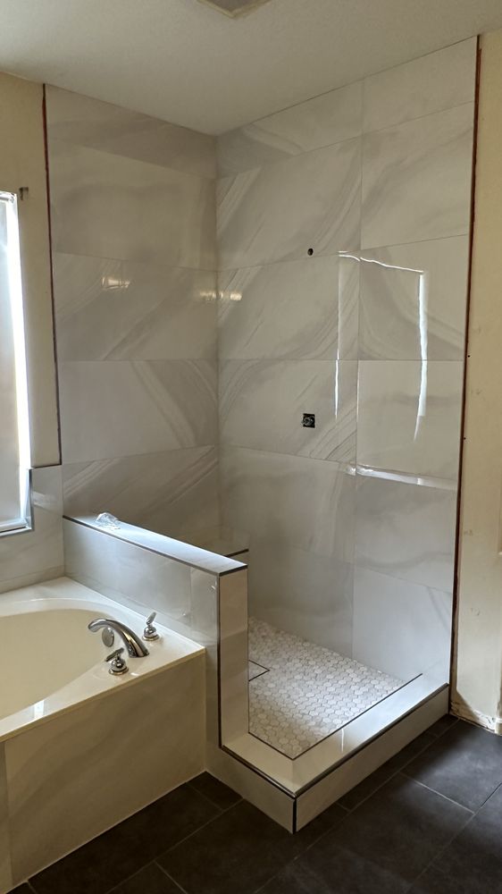 24x48 white porcelain tile tub and shower — Bathroom Remodeling by Urban Element, Inc. in the East Valley of Arizona