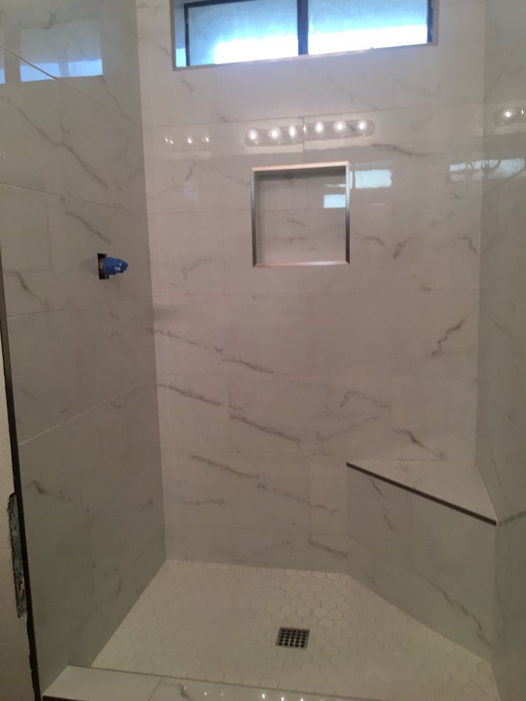 Carrara porcelain tile shower — Bathroom Remodeling by Urban Element, Inc. in the East Valley of Arizona