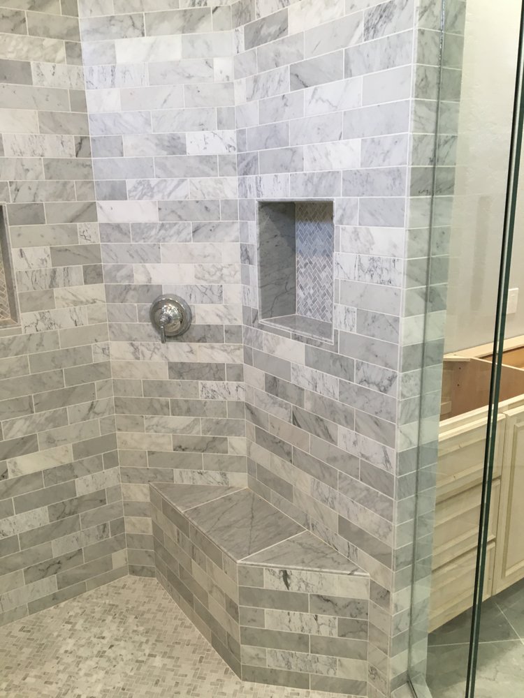 Custom marble tile shower with bench — Bathroom Remodeling by Urban Element, Inc. in the East Valley of Arizona
