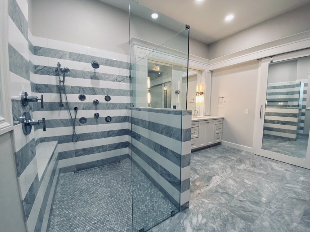 High end marble master bathroom remodel with multi valve — Bathroom Remodeling by Urban Element, Inc. in the East Valley of Arizona