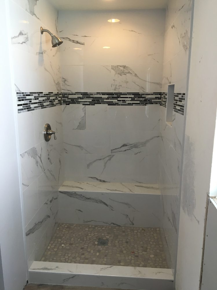Porcelain tile shower with mosaic band — Bathroom Remodeling by Urban Element, Inc. in the East Valley of Arizona