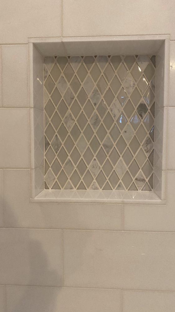 Shampoo niche glass tile inlay — Bathroom Remodeling by Urban Element, Inc. in the East Valley of Arizona