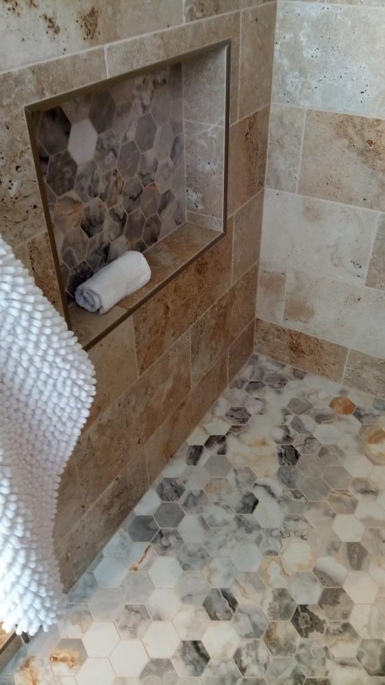 Travertine shower with marble hex niche and floor — Bathroom Remodeling by Urban Element, Inc. in the East Valley of Arizona