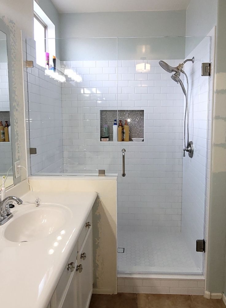 White subway tile shower with clear glass — Bathroom Remodeling by Urban Element, Inc. in the East Valley of Arizona