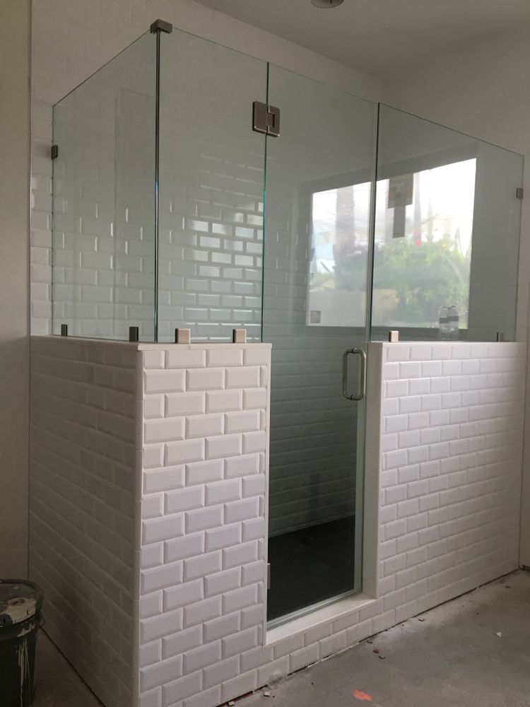 White subway tile walk in shower with frameless glass — Bathroom Remodeling by Urban Element, Inc. in the East Valley of Arizona