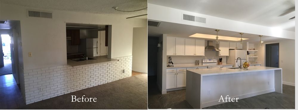 Kitchen remodel before and after white shaker with waterfall — Kitchen Remodeling by Urban Element, Inc. in the East Valley of Arizona